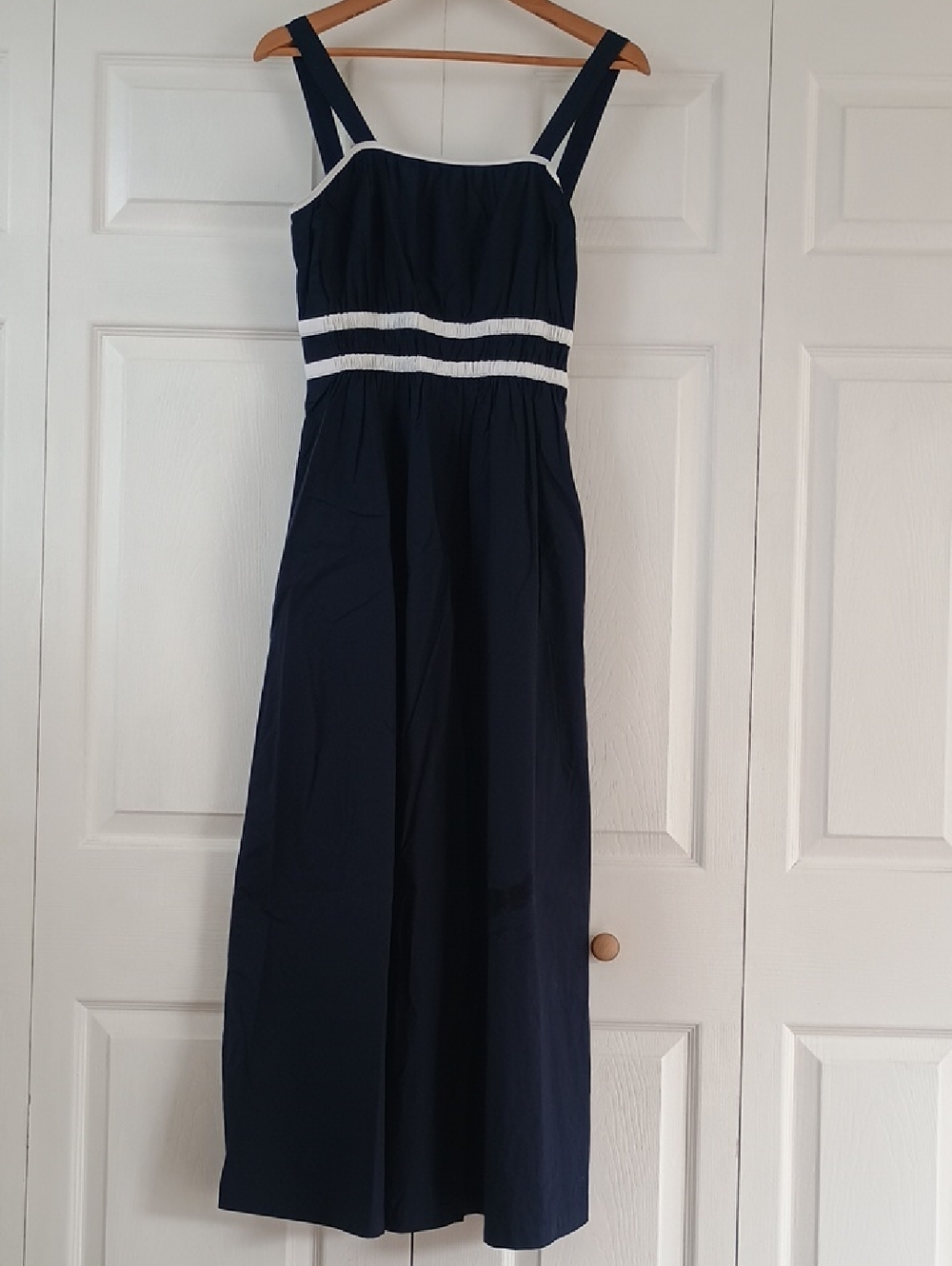 LOFT Navy Maxi Dress with White Trim  and pockets